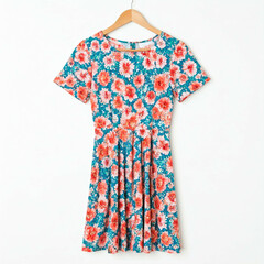 floral pattern teal and pink summer dress on wooden hanger against white background