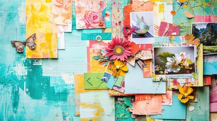 Colorful Art Collage with Floral Elements and Butterfly Display