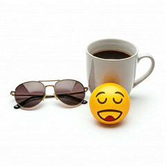 yellow smiley face cup of coffee and sunglasses on white background