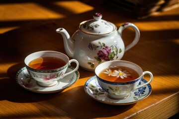 Fototapeta premium Two cups of tea with floral patterns, served with a teapot on a wooden table in sunlight.