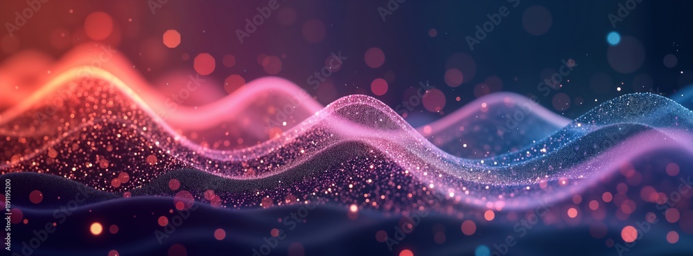 Poster abstract wavy digital pattern with colorful particles, bokeh light effects. dynamic glowing lines, d