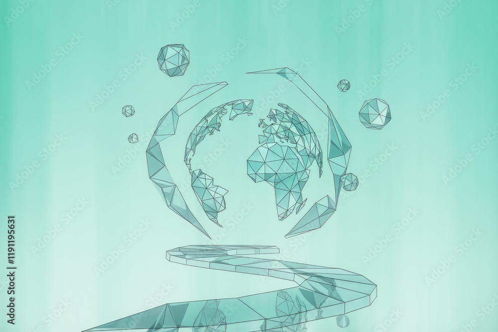 Poster Abstract polygonal Earth globe with connecting lines and orbiting geometric shapes on a mint background.