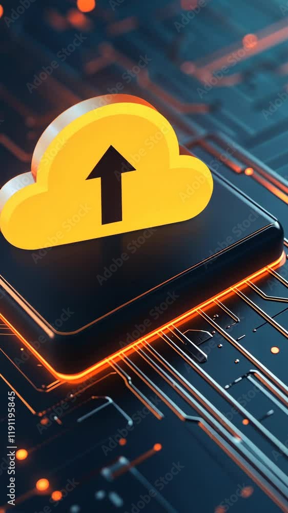 Poster cloud storage icon with circuitry background showcasing digital technology and data management in mo