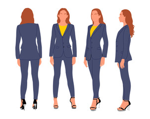 Obraz premium Businesswoman character in different poses. Pretty woman wearing formal blue suit standing, front, back, side view. Young lady boss in office outfit. Vector realistic illustration isolated on white.