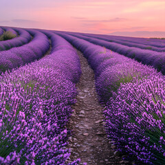 Obraz premium Rows of vibrant purple lavender stretch to the horizon at sunrise, creating a stunning natural landscape.