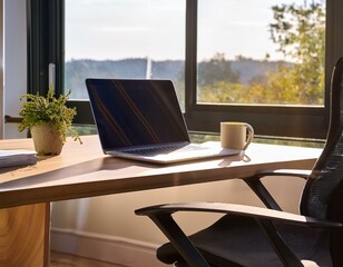 Generated image A cozy home office setup with a laptop, ergonomic chair, and a large window