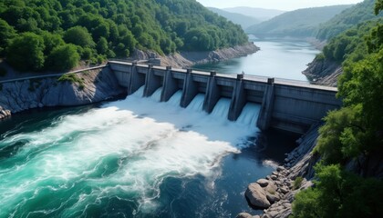 Hydroelectric dam generates clean renewable energy. Water flows through turbines. Nature surrounds dam. Eco-friendly alternative to fossil fuels. Clean energy solves global warming issues.