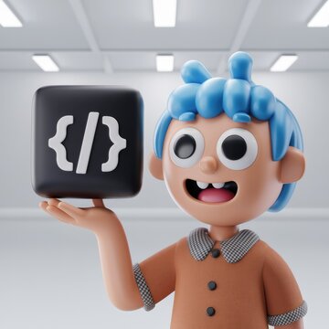 A 3D cartoon boy proudly displays a black cube with code symbols, representing programming and coding.