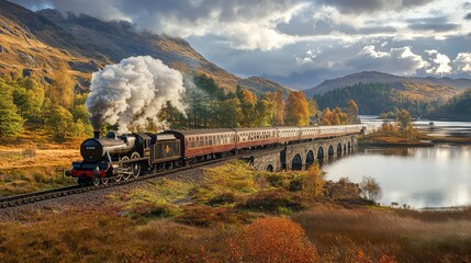 Majestic Steam Train Crossing Historic Bridge in Scenic Landscape