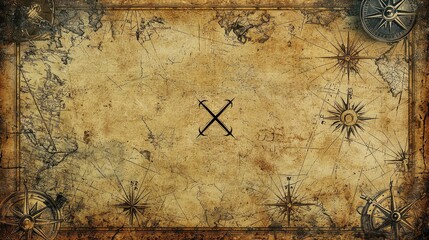 Naklejka premium Vintage World Map with Compass Rose and Crossed Swords Design