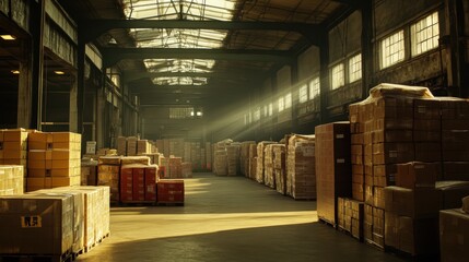 Bright Warehouse with Stacked Boxes and Sunlight