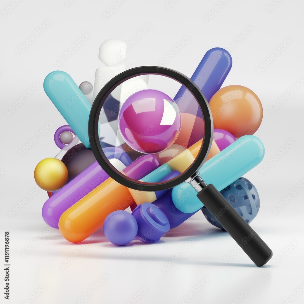 Aufkleber a magnifying glass focuses on a vibrant cluster of colorful abstract 3d shapes.