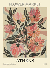 Abstract poster - Flower Market Athens. Trendy botanical wall arts with floral design in danish pastel colors. Modern naive groovy funky interior decorations, paintings. Vector art illustration.