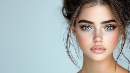 Naklejka premium A model's flawless face with soft makeup, posing elegantly against a neutral gray background (close up, beauty in simplicity theme, ethereal, Overlay, smooth studio backdrop). Ultra-Realistic, 