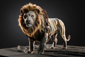 Obraz premium A majestic male lion with a thick, golden mane stands proudly, showcasing its powerful physique and intense gaze.