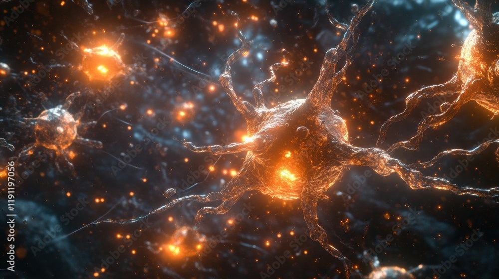 Poster viruses invading human cells with glowing effects in a dark, abstract space showcasing cellular inte