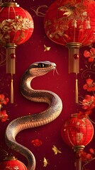 Obraz premium Snake and lanterns design Vector banner design with a snake slithering between red lanterns, gold accents, and celebratory elements for Chinese New Year 2025