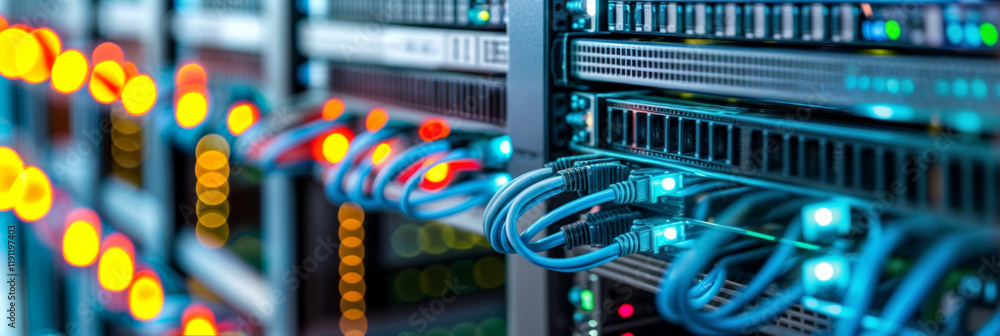 Poster close-up on server racks with blue network cables and glowing lights. data center hardware showcasin