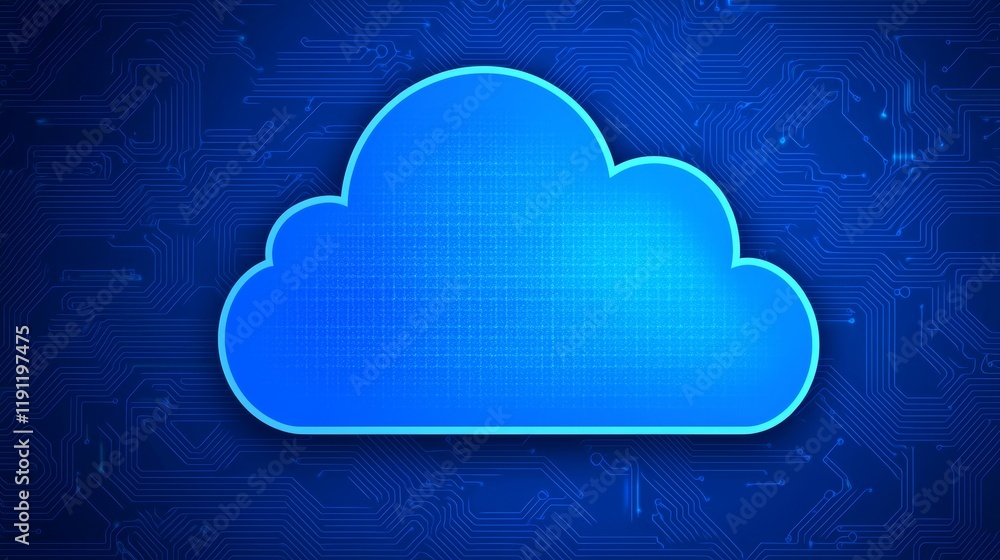 Poster blue cloud icon with circuit pattern background for storage solutions