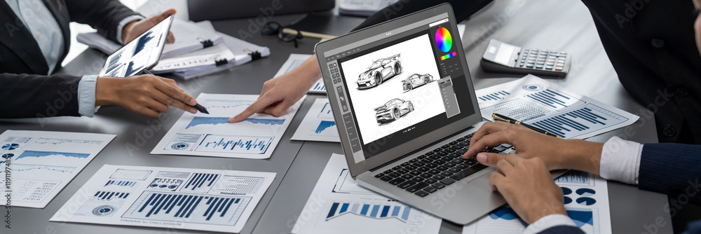 Poster electric car design software on computer screen showing simulation blueprint brisk by digital calcul