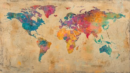 Colorful Artistic World Map with Abstract Design and Textures
