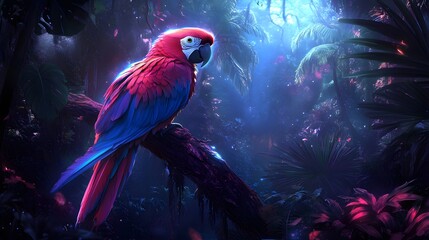 Vibrant Scarlet Macaw In Lush Tropical Jungle Environment