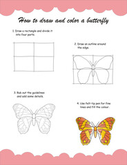 Step-by-step butterfly drawing worksheet. A creative guide teaching the art of drawing and coloring a beautiful butterfly, perfect for kids. Inspire your creativity with this image.