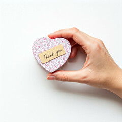 Fototapeta premium close up of female hand holding pink heart shaped box with thank you note on white background