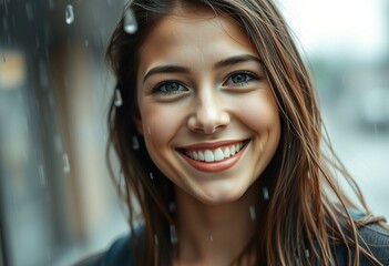 Fototapeta premium Wet woman under the rain with a happy expression
