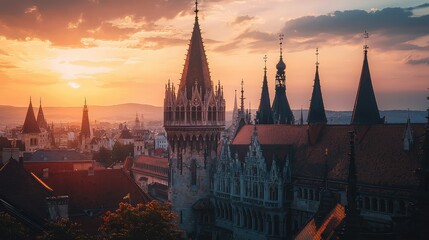 Obraz premium Majestic Gothic Architecture at Sunset Overlooking a Historic Cityscape