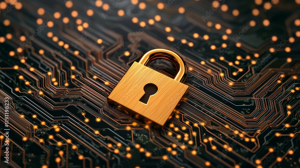 Poster golden padlock on circuit board background representing digital security