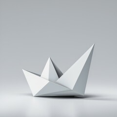 Abstract white origami-style boat, geometric shape, minimalist design, modern art.