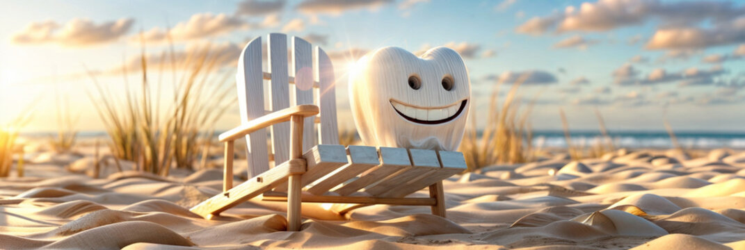 Cartoon tooth character relaxing in a beach chair on a sandy shore under a sunny sky. Humorous dental care concept. Fictional, ideal for health and wellbeing themes.

