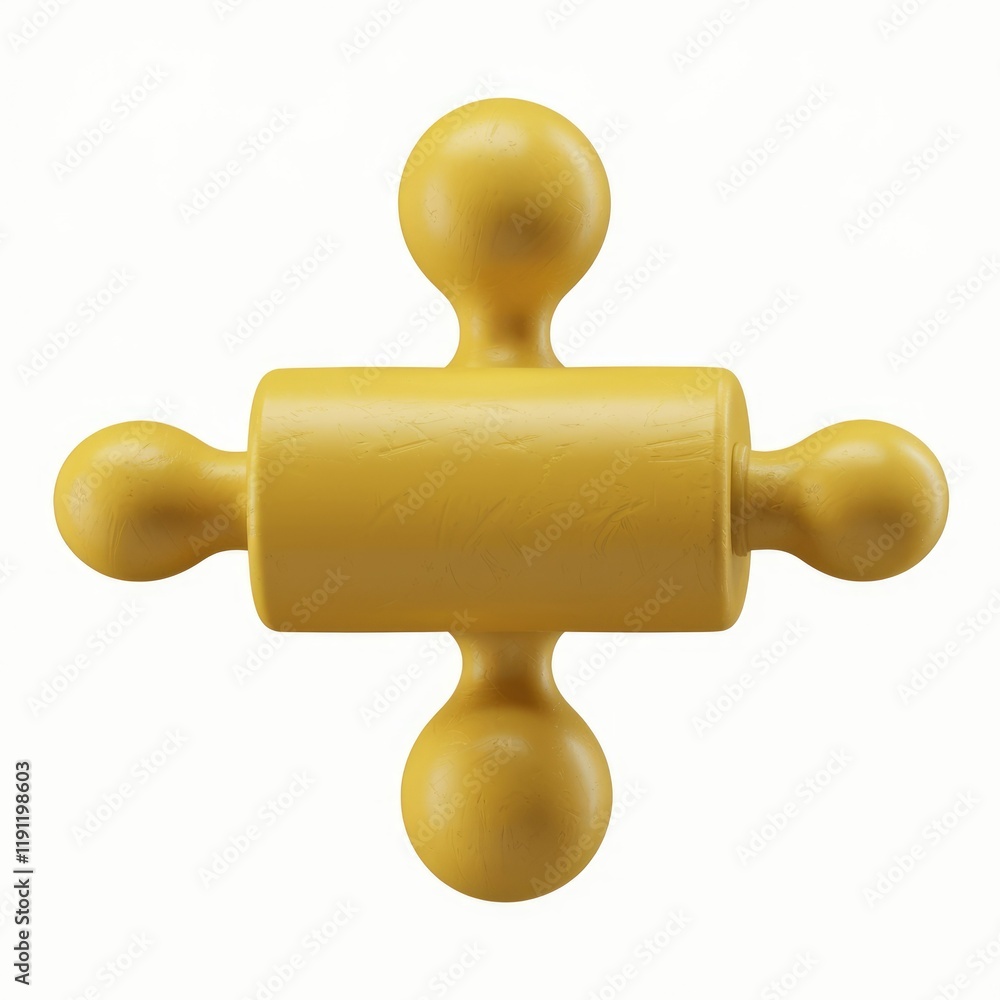 Poster a yellow plus-shaped object with a cylindrical center, possibly a toy or decorative item.