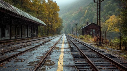 Rainy Autumn Train Station with Abandoned Building and Tracks
