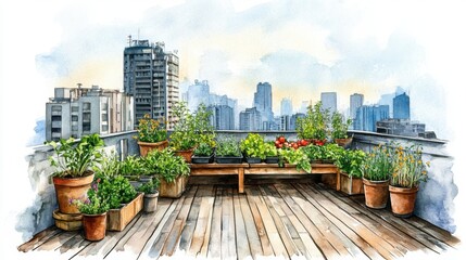 Fototapeta premium Urban Rooftop Garden with Plants and Cityscape