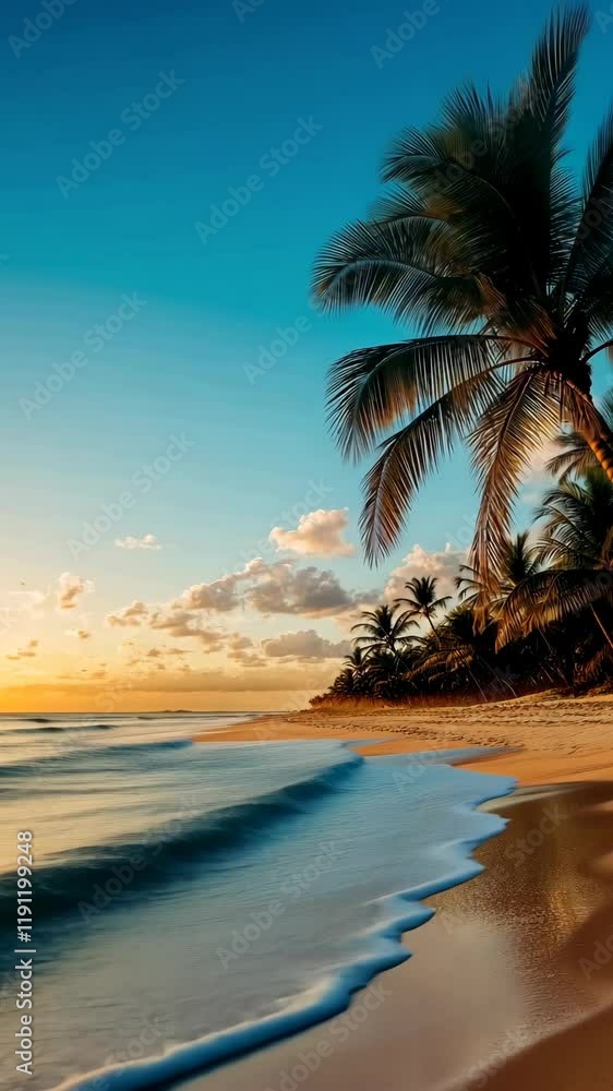 Poster Sunset view over a serene beach lined with palm trees and gentle waves lapping at the shore