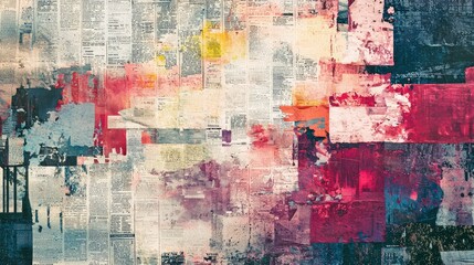 Abstract Art Collage with Colorful Texture and Newspaper Clippings