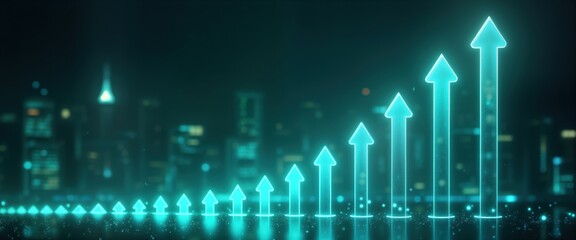 Fototapeta premium Futuristic graphic shows upward progress. City lights blur behind glowing upward arrows. Represents business growth. Modern technology illustrates eco-friendly financial success. Achieving goals