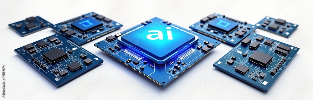 Poster high-tech computer microchips, circuit boards shown in top view. blue cpu chips with word ai visible