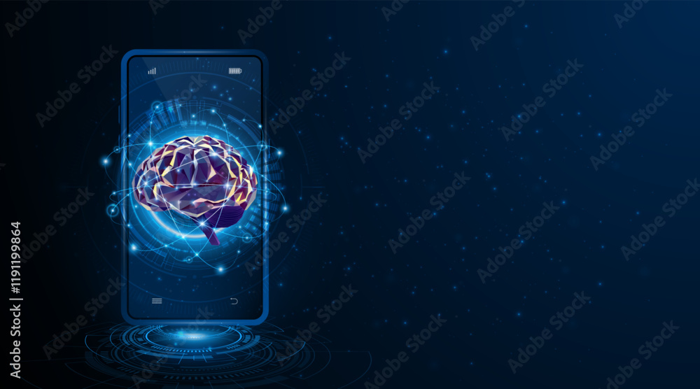 Fototapete Artificial neural network or artificial intelligence brain floating in front of a smartphone. Digital brain science concepts for future learning. modern technology innovation concept background
