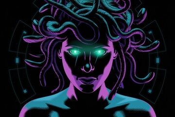 A stylized portrait of Medusa, Greek Gorgon, with glowing eyes and snakes for hair.