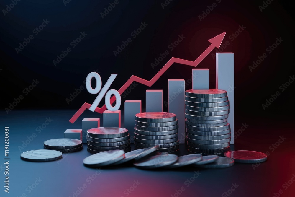 Poster rising interest rates and increasing stack of coins represent financial growth and investment.