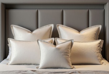 White pillows on a bed with gray headboard