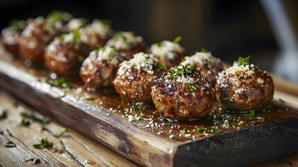 Plump sausage stuffed mushrooms on a rustic wood board, with a light sprinkle of parmesan cheese and herbs for a beautiful party platter