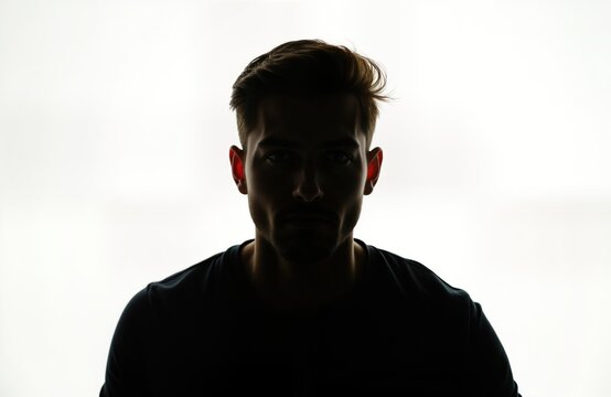 Studio shot of young man. Anonymous adult male portrait in profile view. Silhouette against white background. Backlit. Modern portrait style. Potential for use in various themes like mystery,