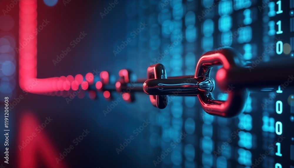 Poster digital chain links in blue and red colors. concept of security, network or finance. futuristic desi