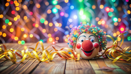 Obraz premium Colorful clown figurine surrounded by festive decorations and lights, joyful and playful holiday atmosphere, copy space