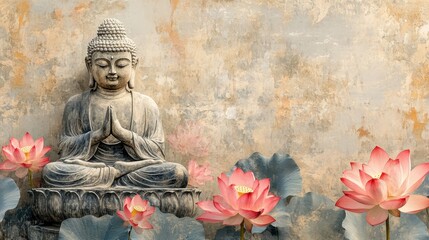 Serene Buddha Statue with Lotus Flowers in Tranquil Setting