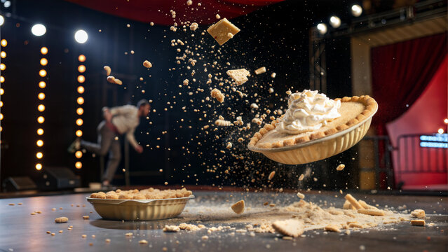 Flying pies exploding on stage during a comedy act, humorous scene and entertaining atmosphere, live performance setting, copy space